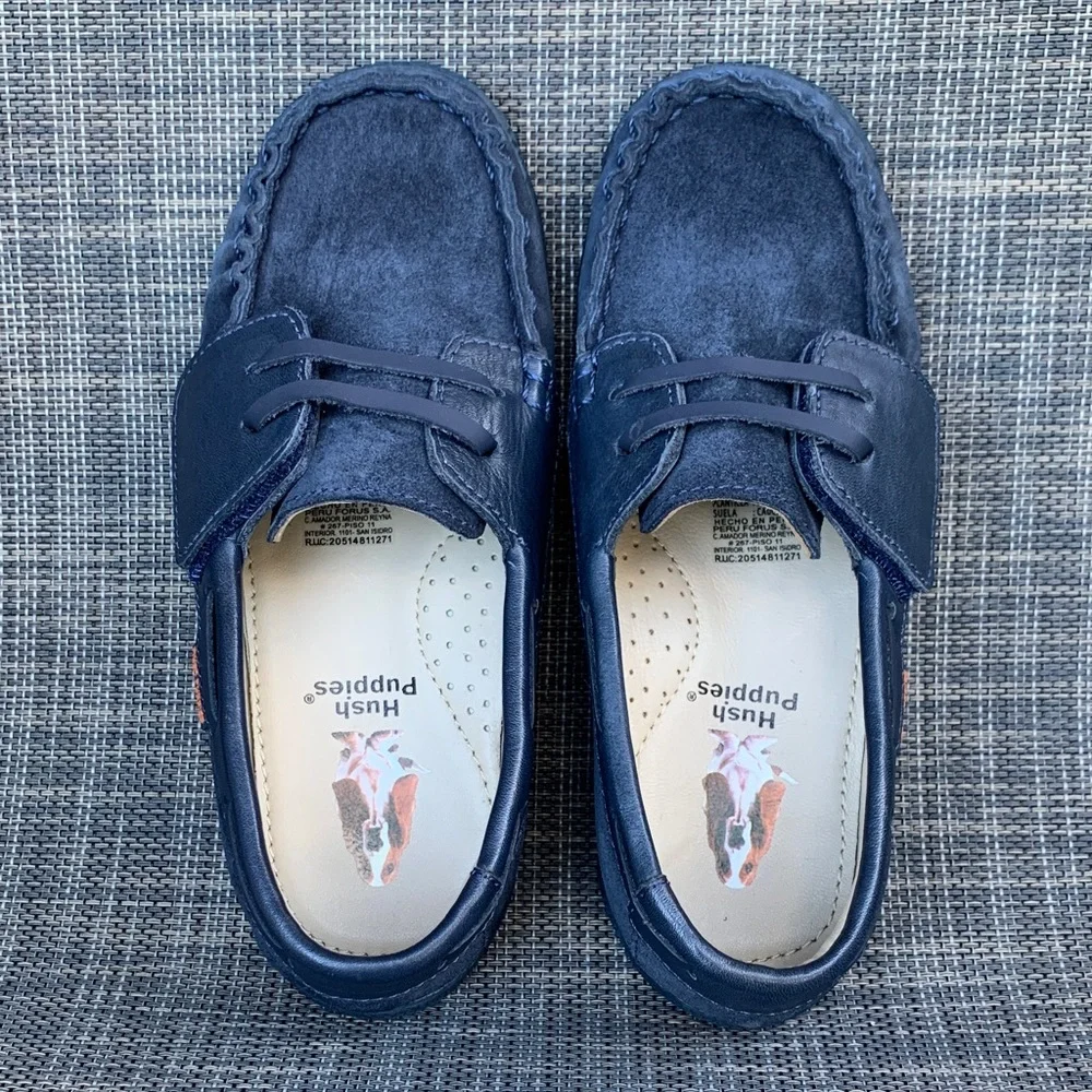 Hush Puppies Kids Navy blue suede loafers Slip on Moccasins size 12